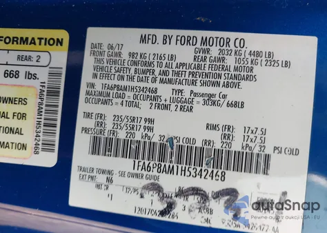 2017 Ford Mustang V6 z USA, uszkodzony, nr VIN 1FA6P8AM1H5342468